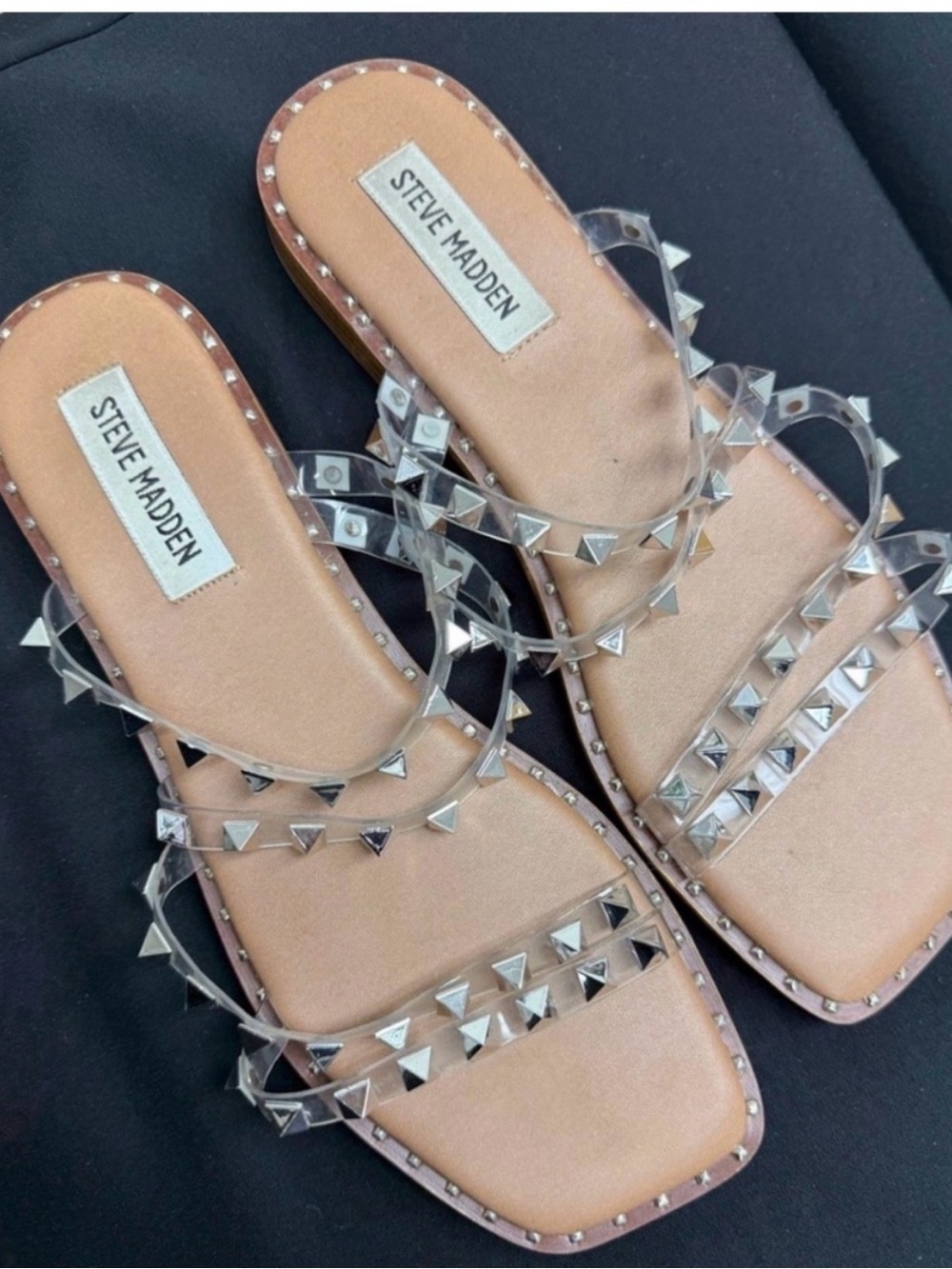 Steve Madden Tan Slide Sandals with Clear Studded Straps